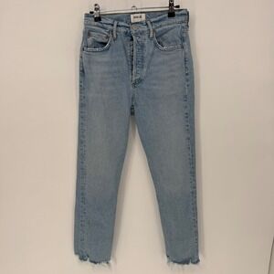 AGOLDE Riley Crop High Rise Slim Light Wash Button Fly Raw Hem Jeans Size 25